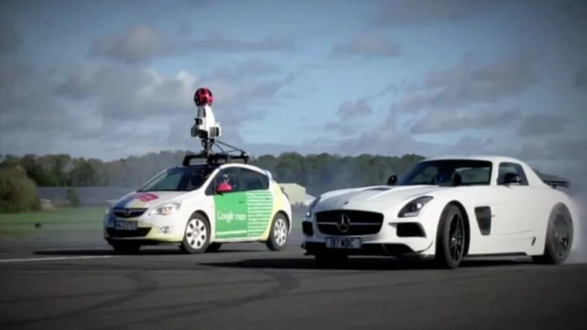 Google Street View car versus The Stig in Mercedes SLS is not a fair fight